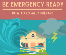 Graphic of a house in a storm and flood waves. Title reads 'Be Emergency Ready: How to Legally Prepare'